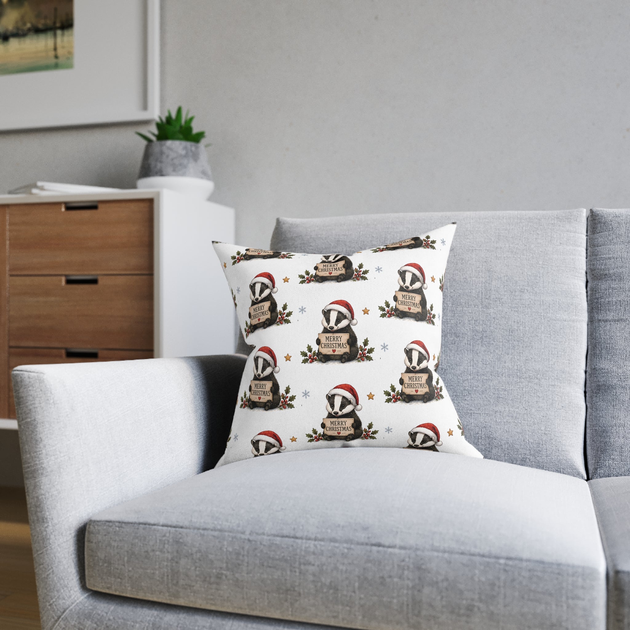 Square Cushion - Christmas Woodland Badger Pattern