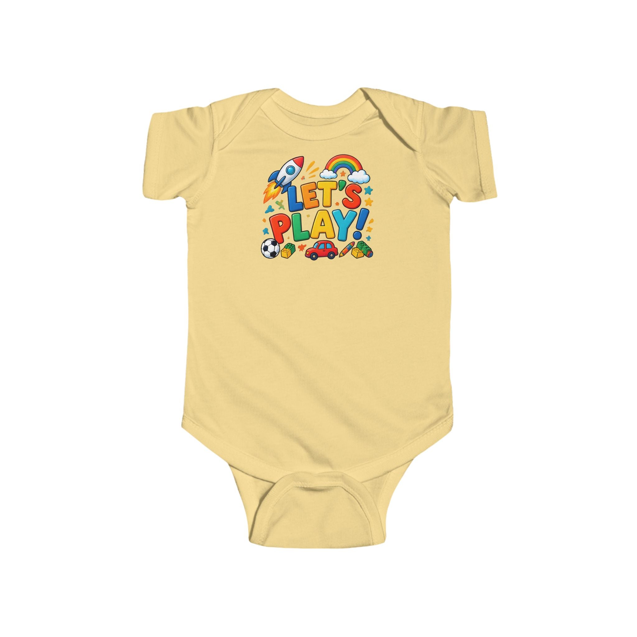 Let’s Play Baby Bodysuit - Colorful Toy Rocket & Rainbow Infant Onesie