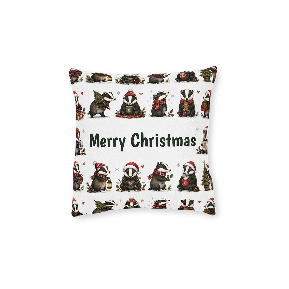 Square Cushion – Christmas Woodland Badger | Festive Wildlife Cushion