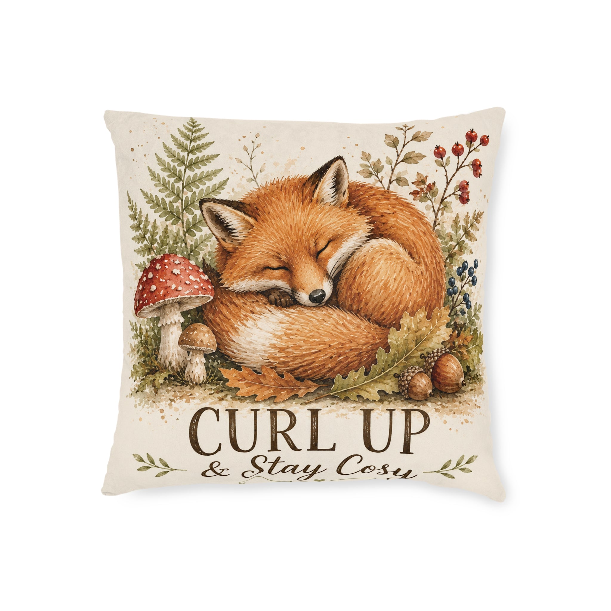 Square Cushion – Curl Up & Stay Cosy Fox | Woodland Animal Cushion