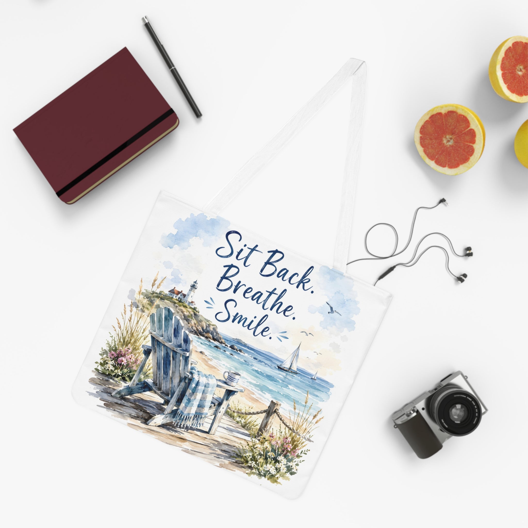Large Beach Tote Bag – Sit Back. Breathe. Smile.