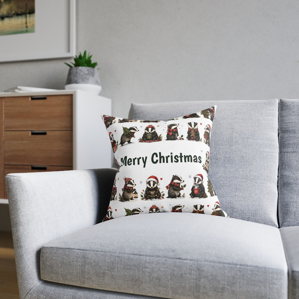 Square Cushion – Christmas Woodland Badger | Festive Wildlife Cushion