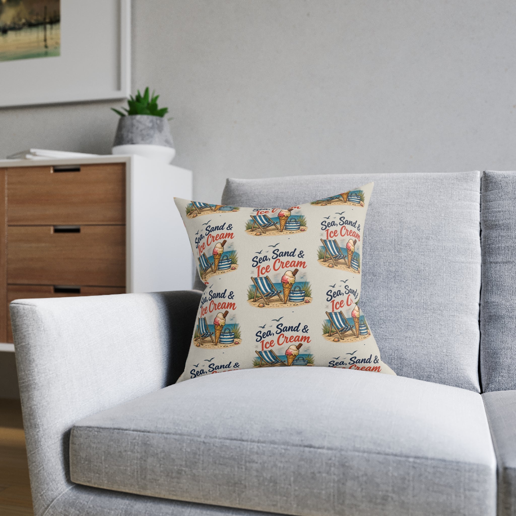 Square Cushion – Sea, Sand & Ice Cream | Coastal Summer Cushion