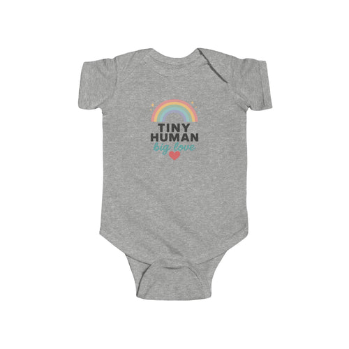 Gray baby onesie with 'Tiny Human Big Love' text and rainbow design on a white background