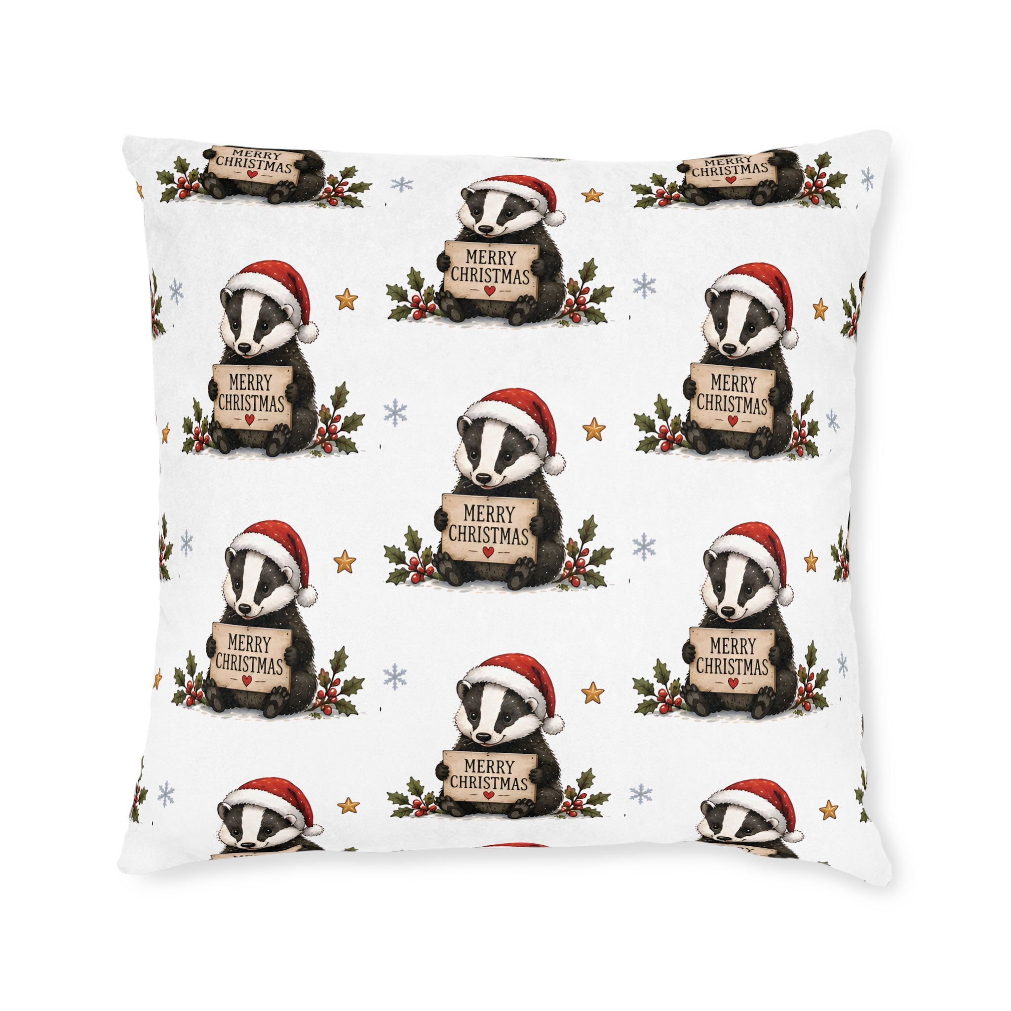 Square Cushion – Christmas Woodland Badger Pattern | Festive Wildlife Cushion