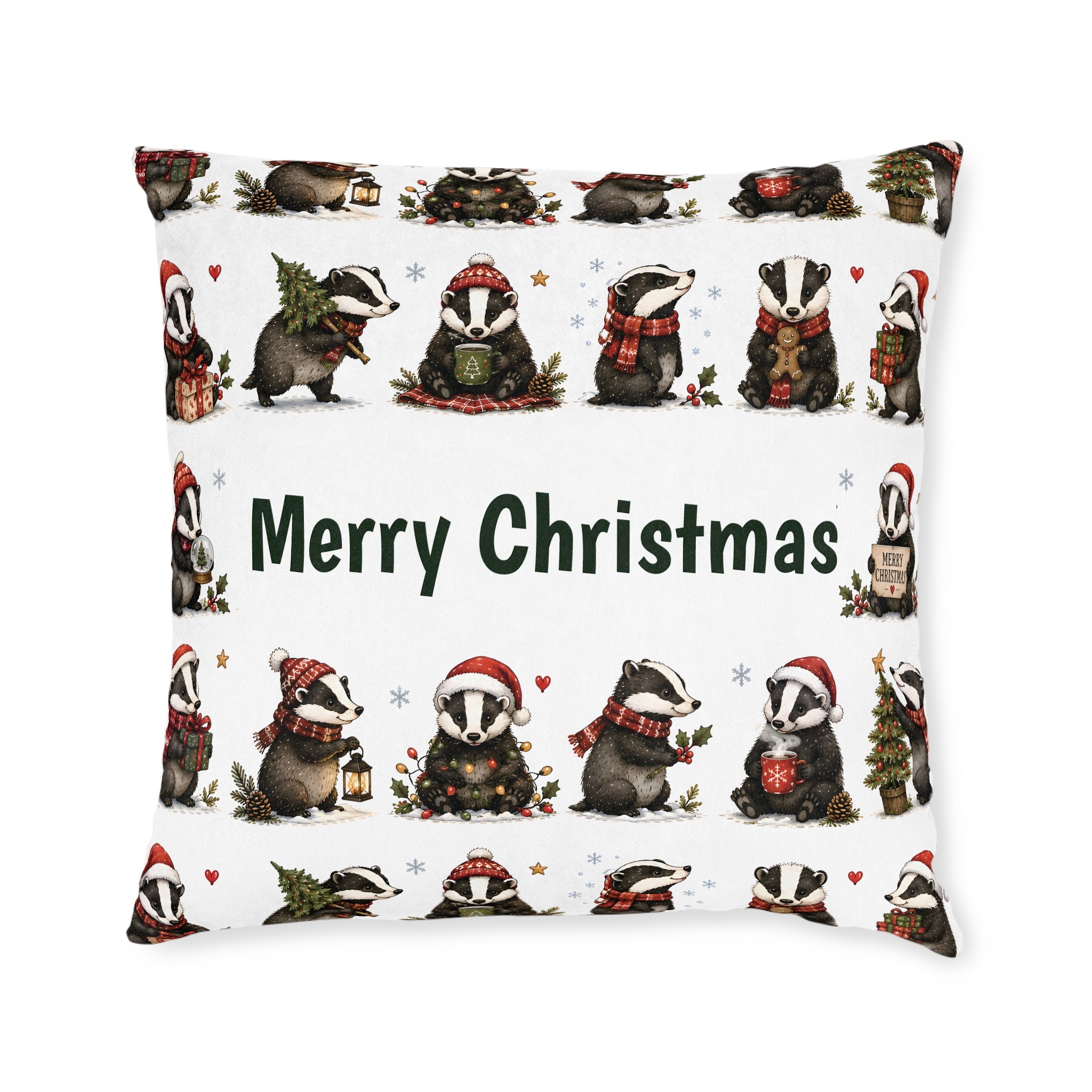 Square Cushion – Christmas Woodland Badger | Festive Wildlife Cushion