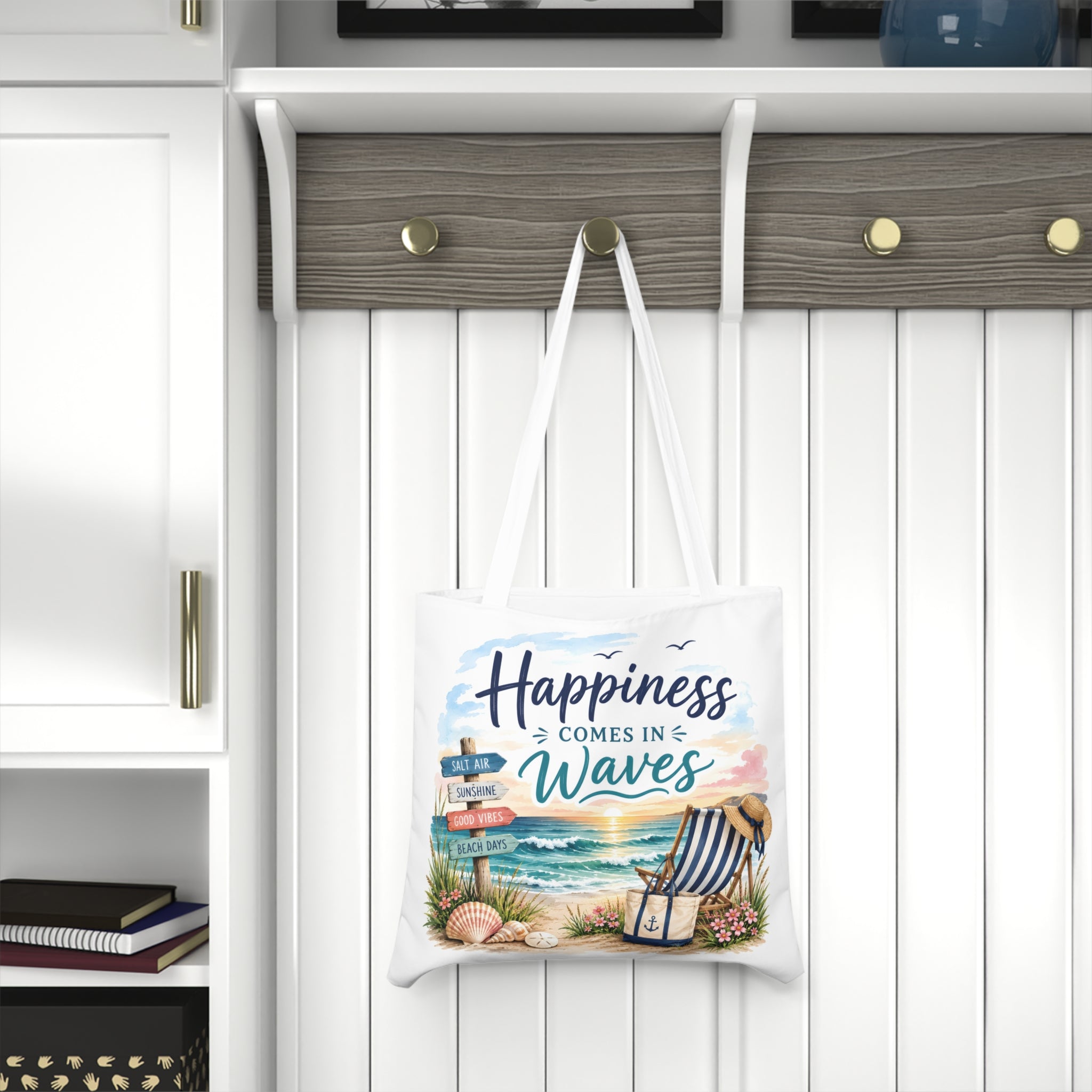 Large Beach Tote Bag – Happiness Comes in Waves