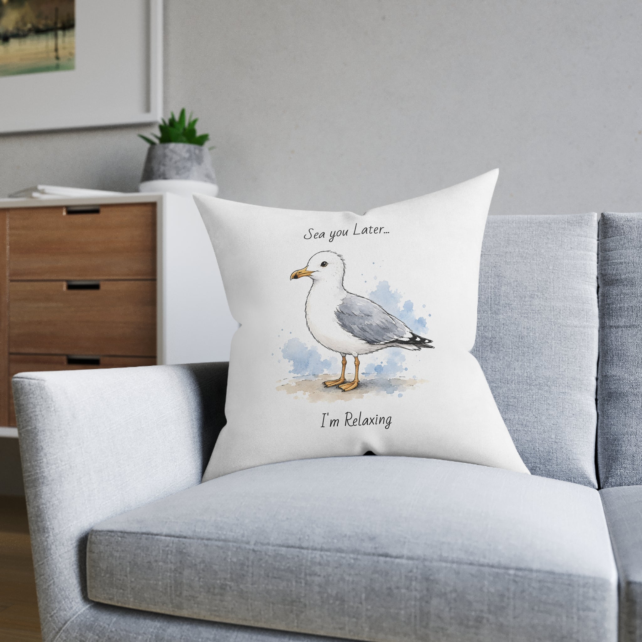 Square Cushion – Sea You Later... I'm Relaxing | Seagull Coastal Cushion