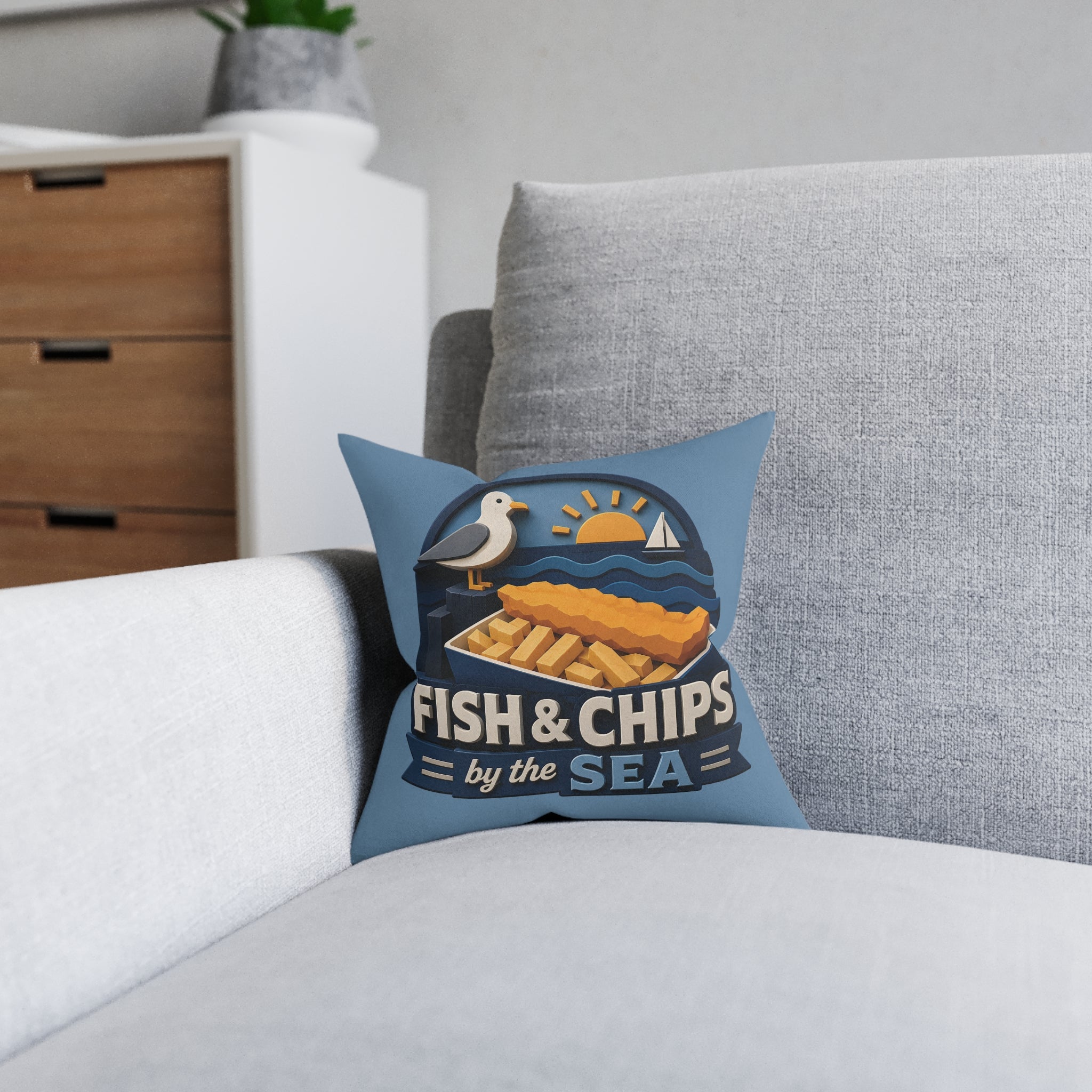 Square Cushion - Fish & Chips By the Sea