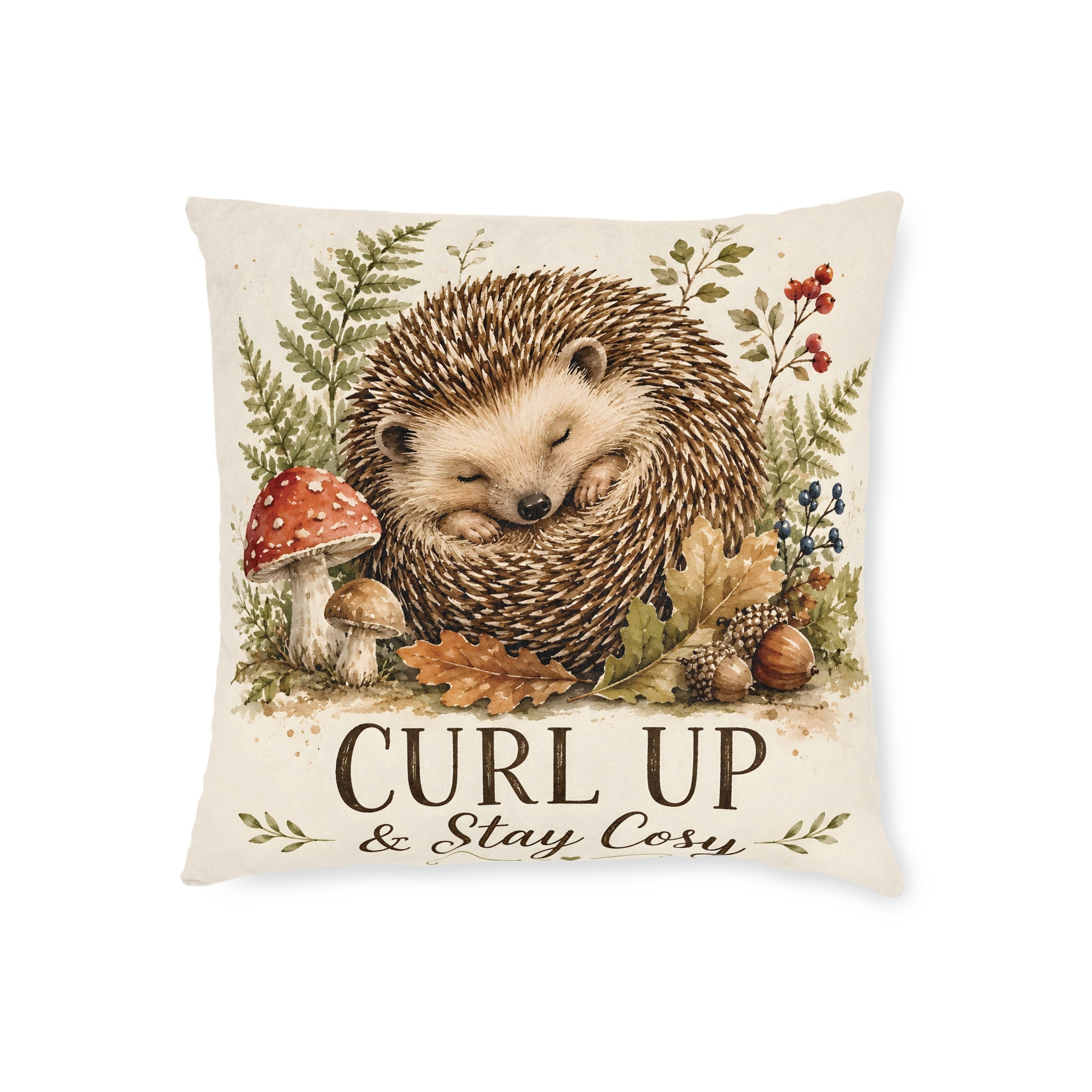 Square Cushion – Curl Up & Stay Cosy Hedgehog | Woodland Animal Cushion