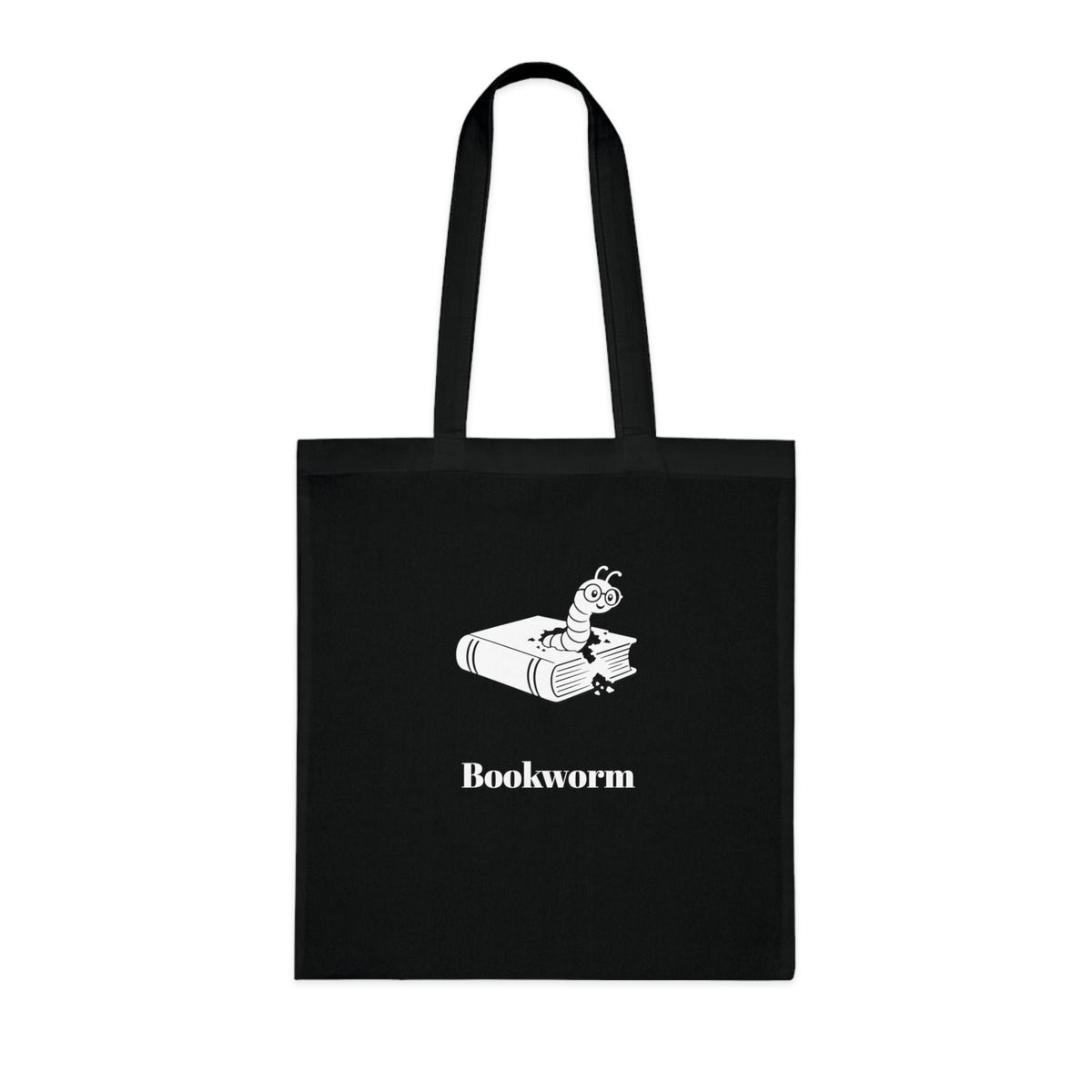 Bookworm Cotton Tote Bag — Black Reusable Grocery & Everyday Tote with Bookworm Graphic