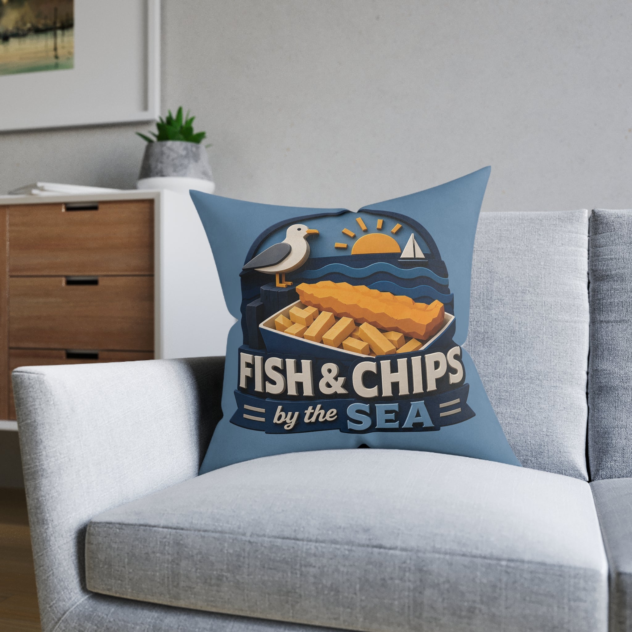 Square Cushion - Fish & Chips By the Sea