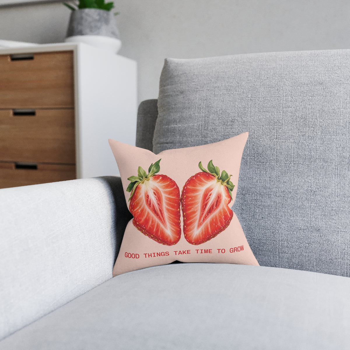 Square Cushion – Strawberry | Good Things Take Time to Grow