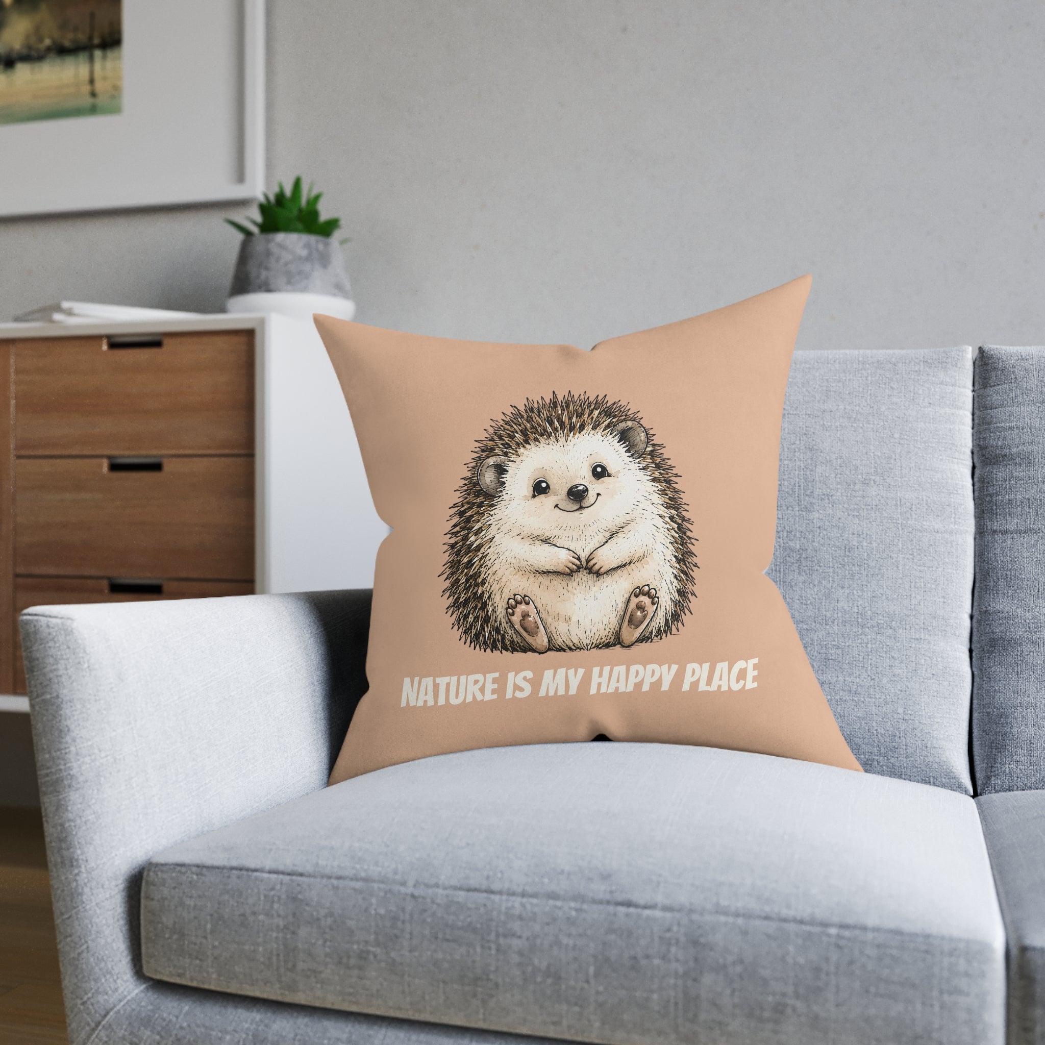 Square Cushion – Nature Is My Happy Place | Hedgehog Cushion