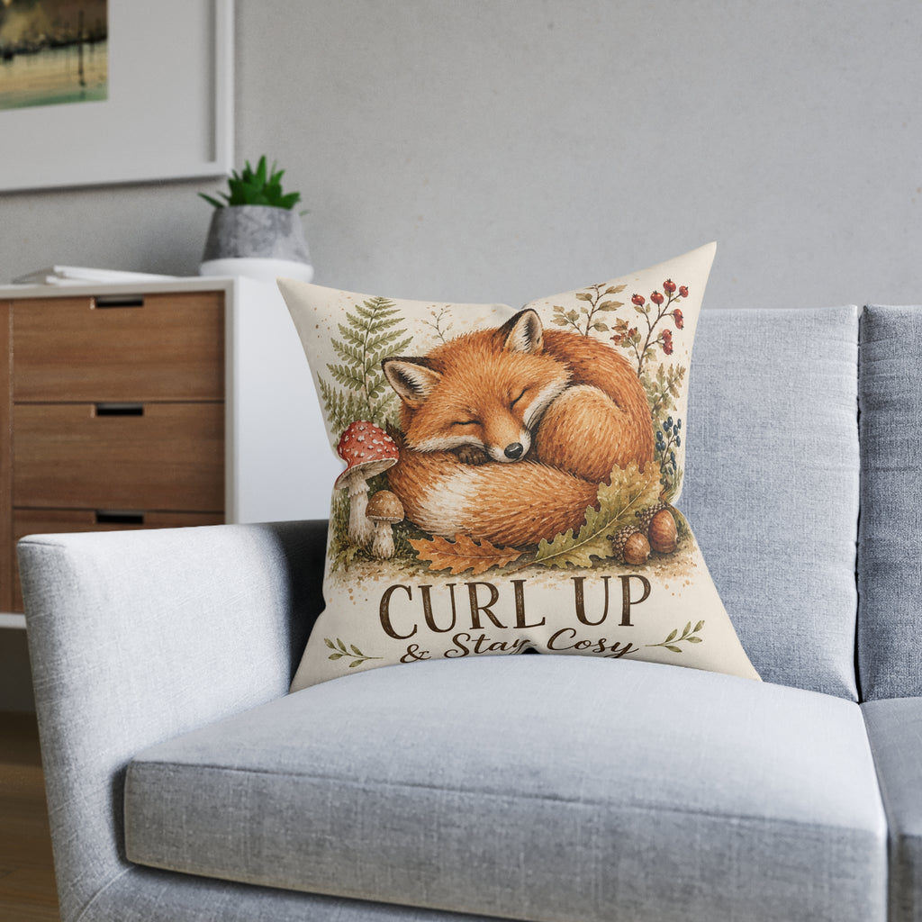 Square Cushion – Curl Up & Stay Cosy Fox | Woodland Animal Cushion