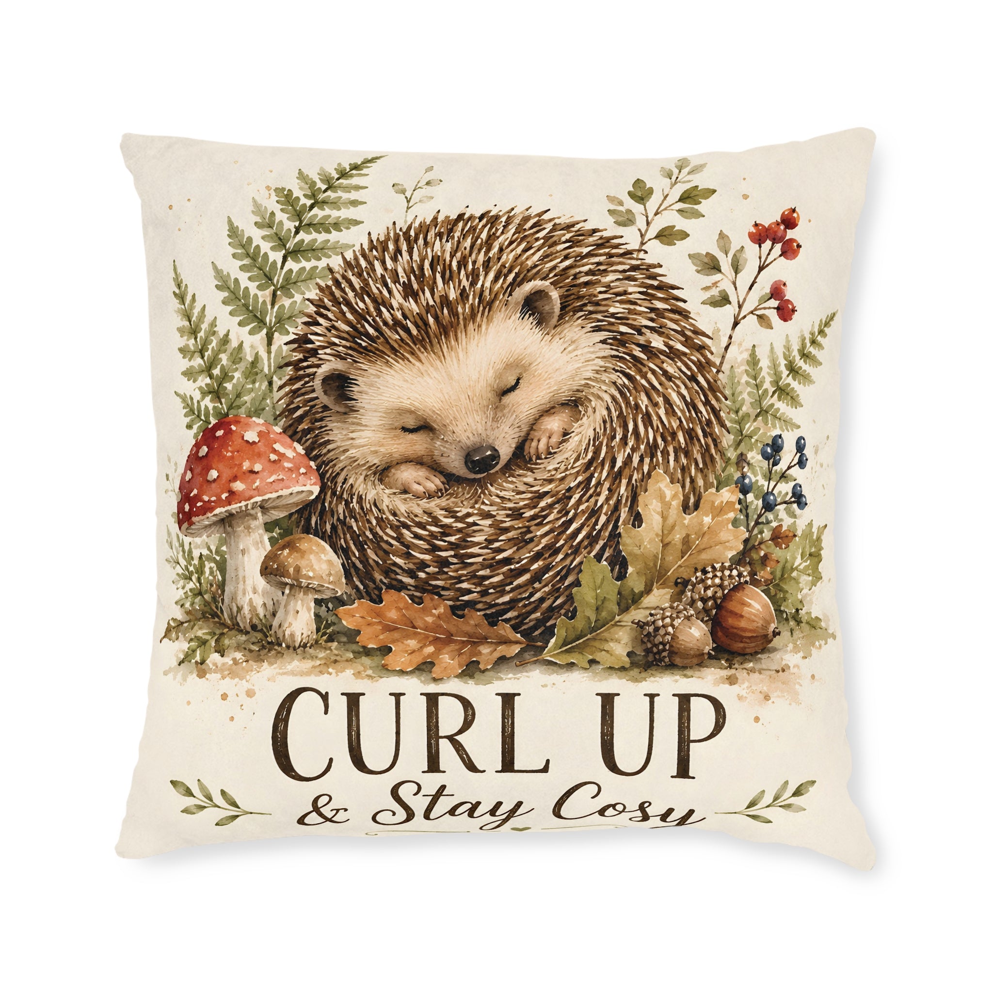 Square Cushion – Curl Up & Stay Cosy Hedgehog | Woodland Animal Cushion