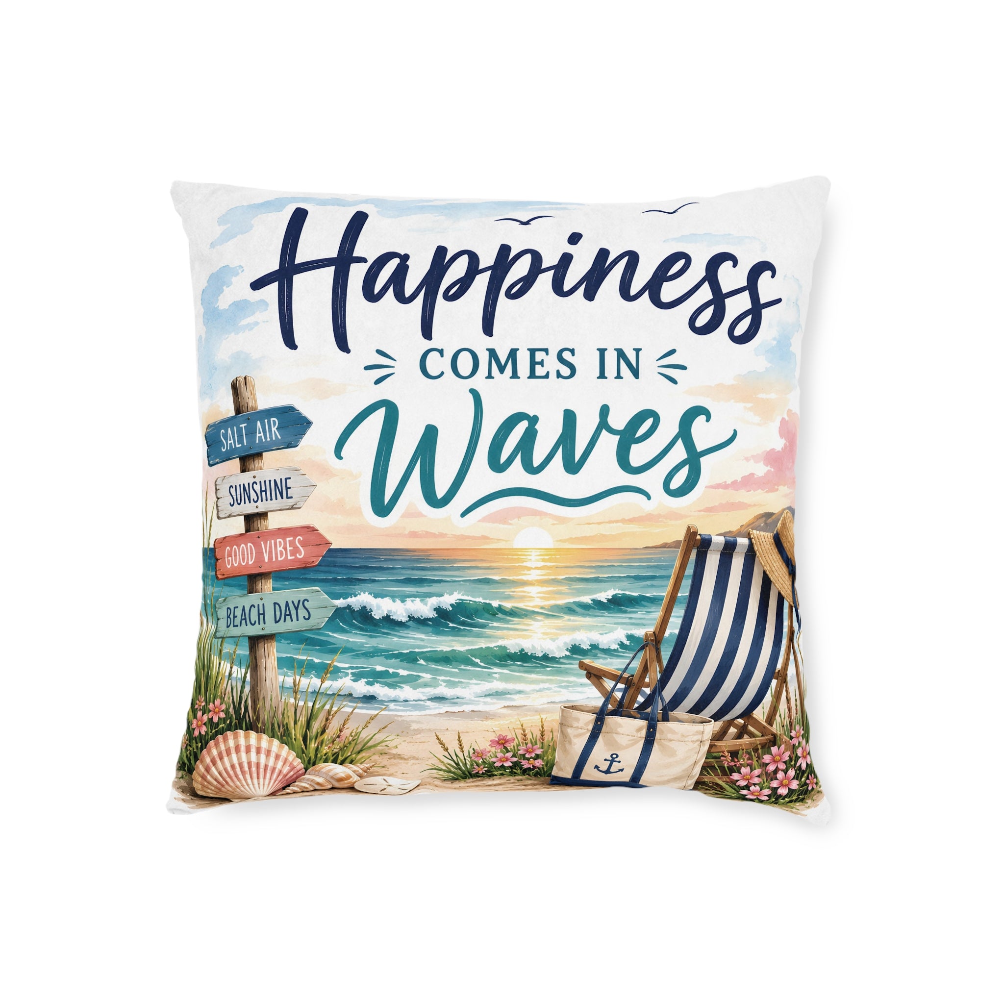 Square Cushion – Happiness Comes in Waves | Coastal Beach Cushion