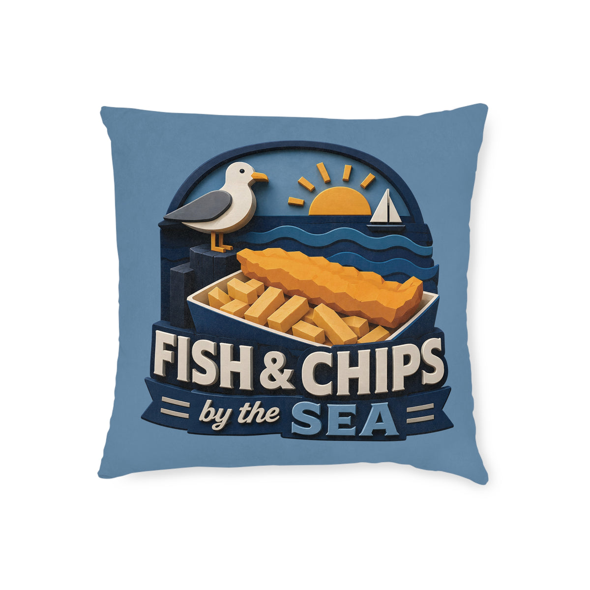 Square Cushion – Fish & Chips By The Sea | British Seaside Cushion