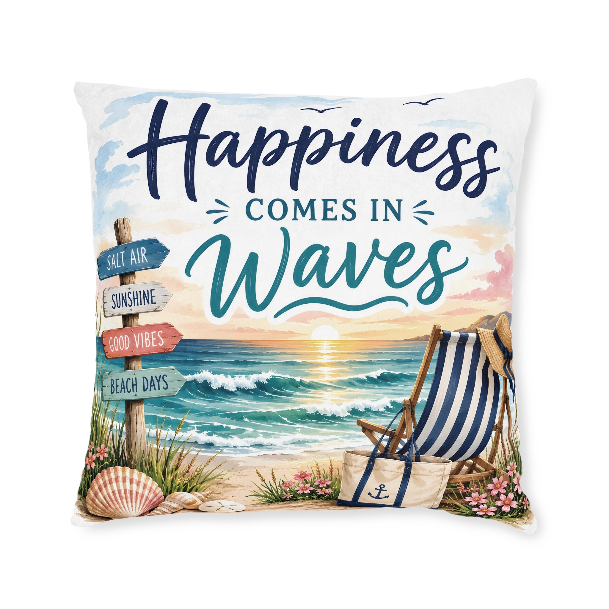 Square Cushion – Happiness Comes in Waves | Coastal Beach Cushion