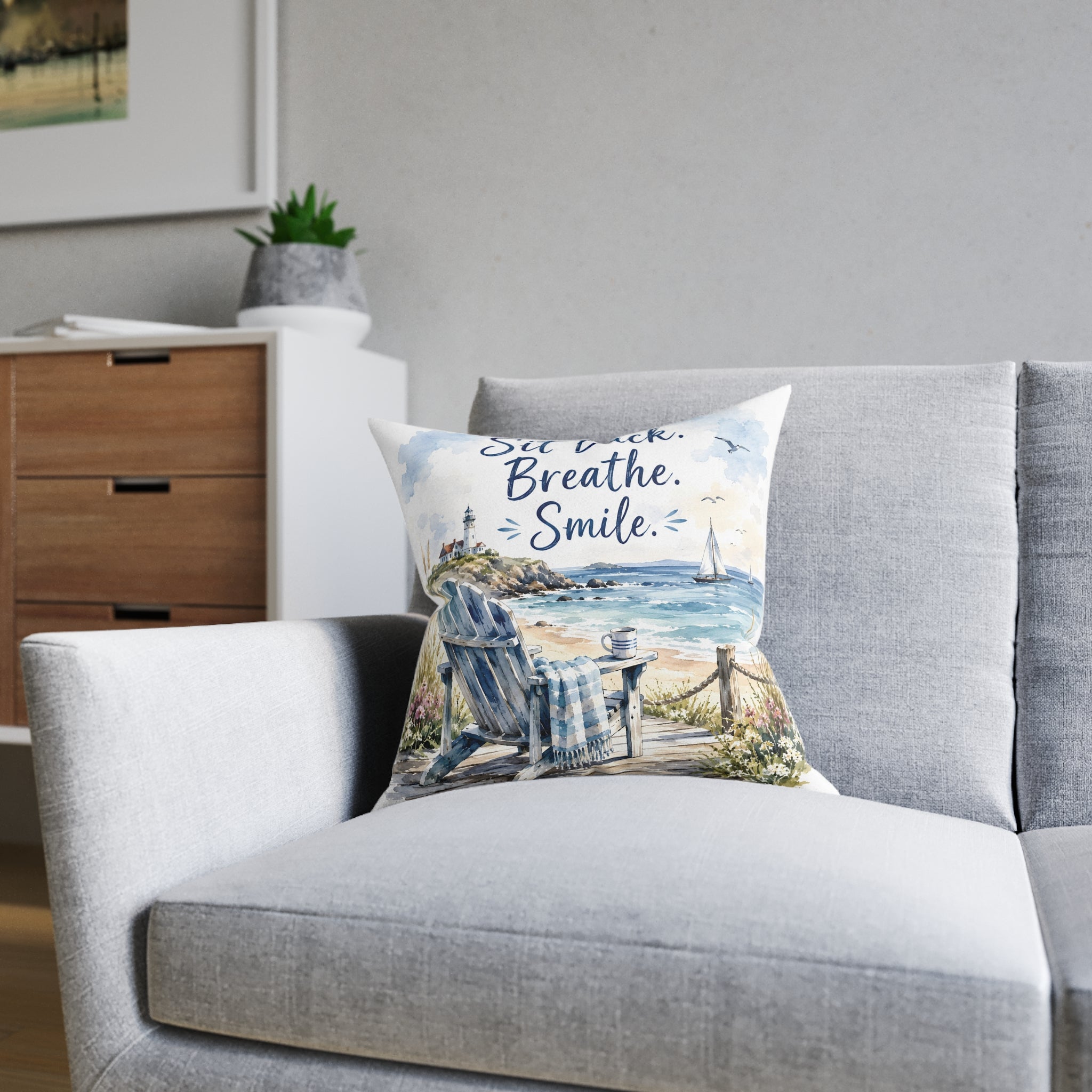 Square Cushion - Sit Back. Breathe. Smile.