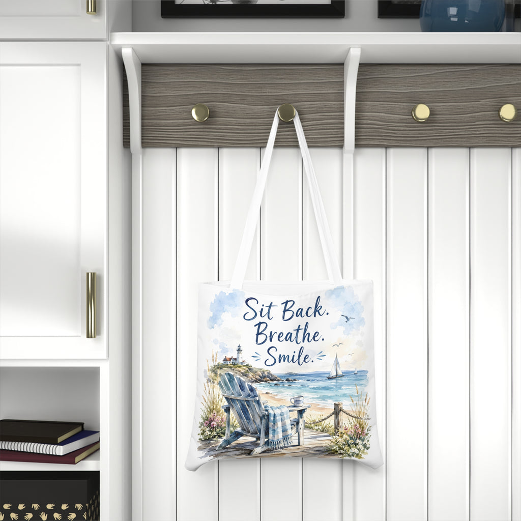 Large Beach Tote Bag – Sit Back. Breathe. Smile.