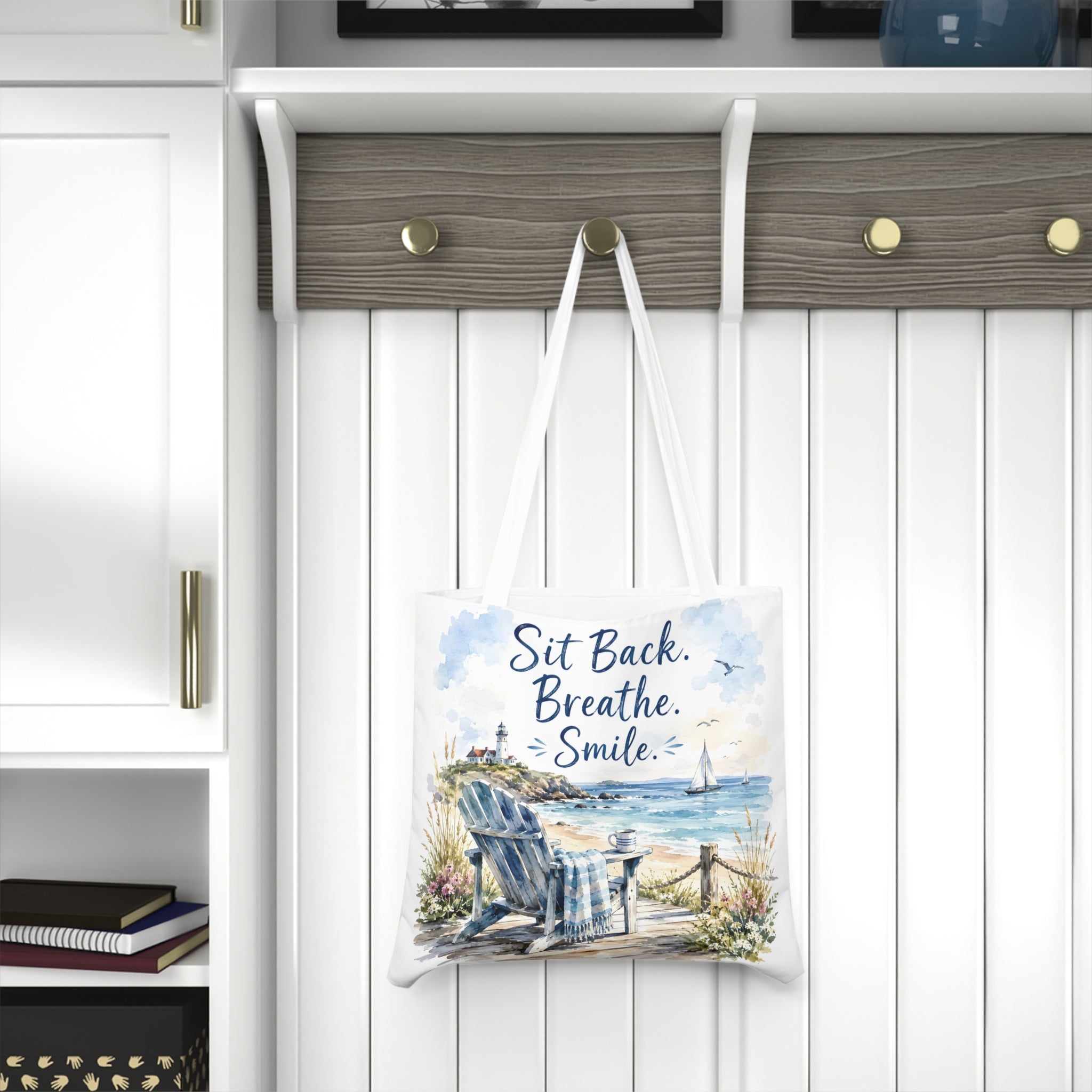 Large Beach Tote Bag – Sit Back. Breathe. Smile.