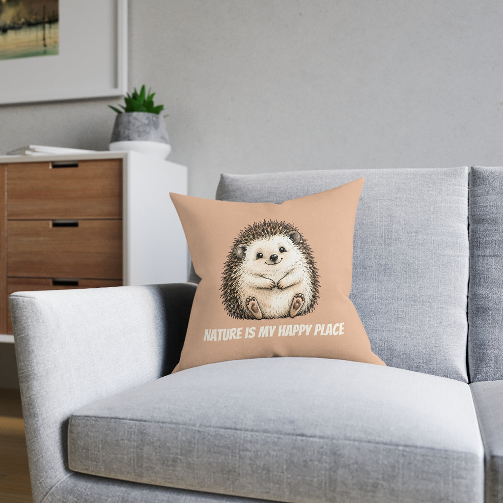 Square Cushion – Nature Is My Happy Place | Hedgehog Cushion
