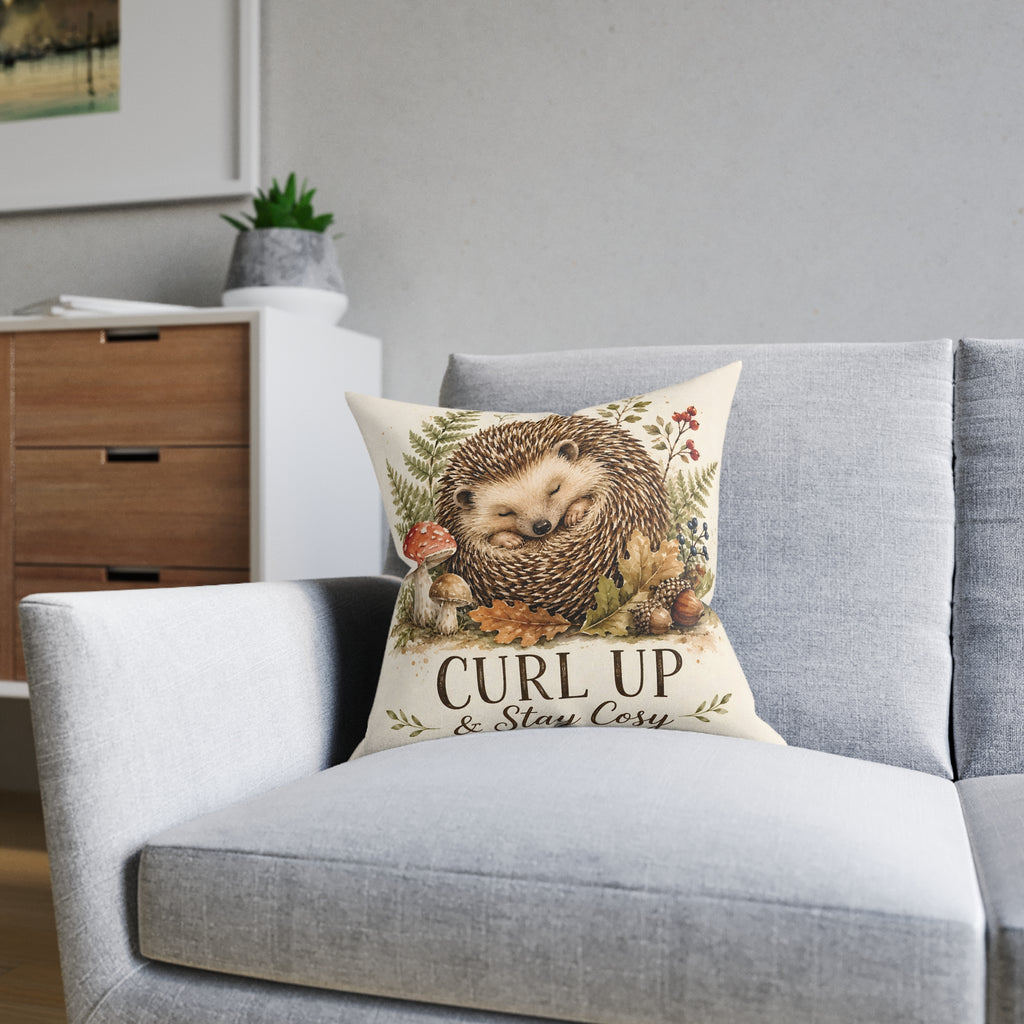 Square Cushion – Curl Up & Stay Cosy Hedgehog | Woodland Animal Cushion
