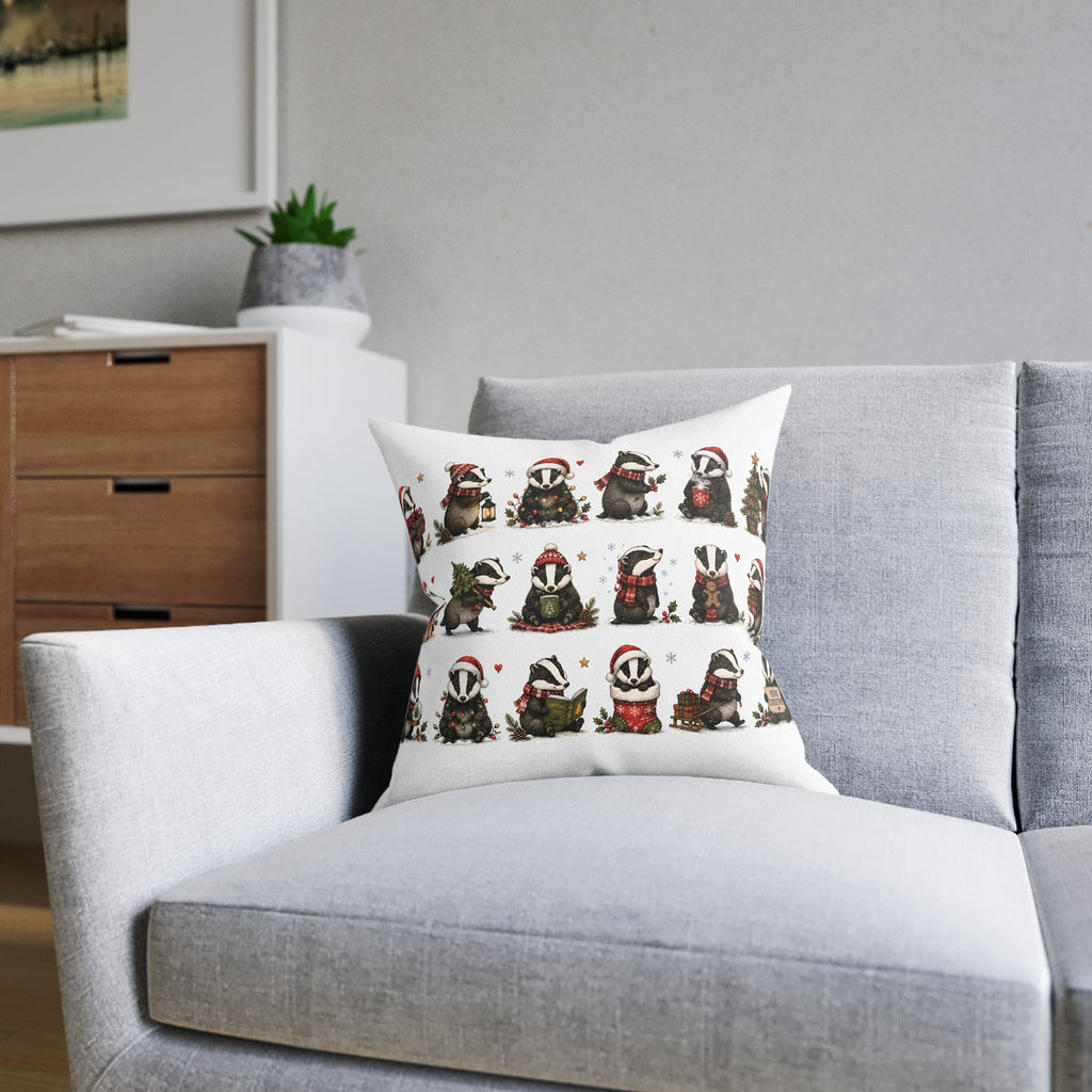 Square Cushion - Christmas Woodland Badger