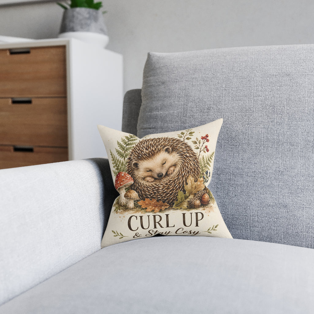 Square Cushion – Curl Up & Stay Cosy Hedgehog | Woodland Animal Cushion