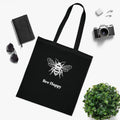 Bee Happy Cotton Tote Bag — Black Reusable Grocery & Everyday Tote with Bee Graphic