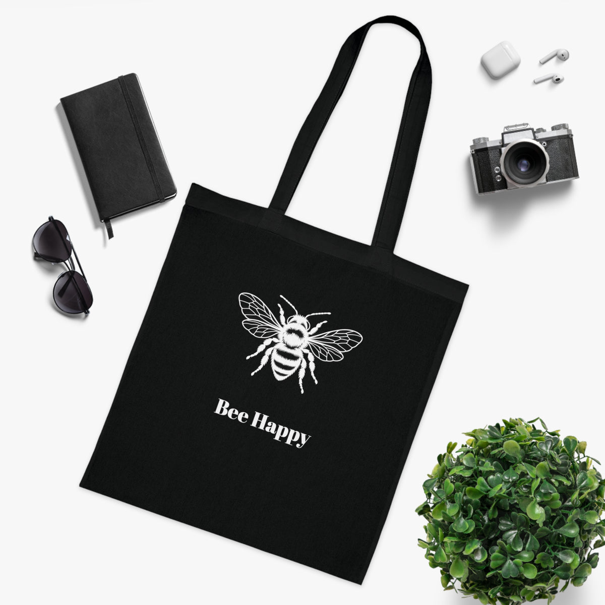 Bee Happy Cotton Tote Bag — Black Reusable Grocery & Everyday Tote with Bee Graphic