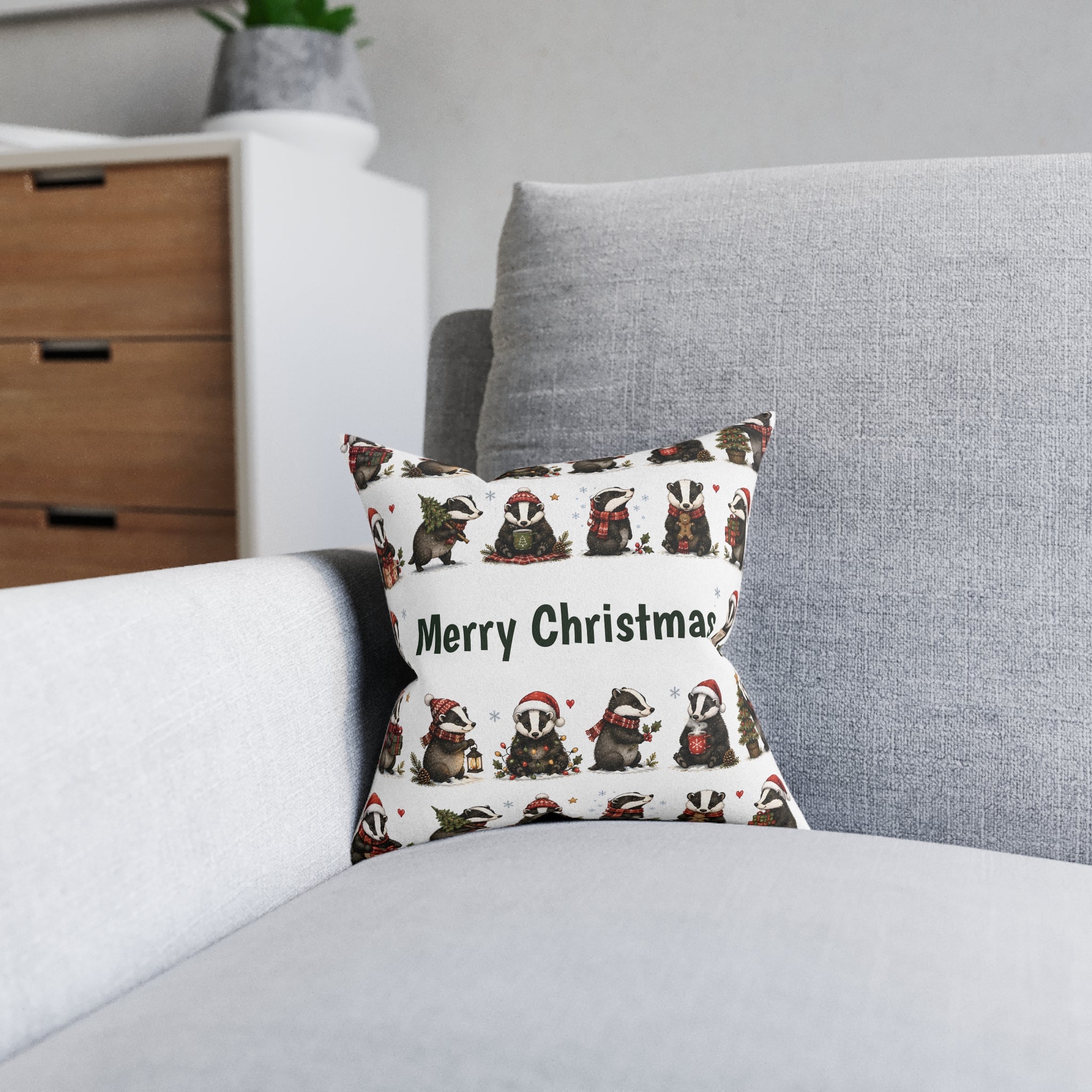 Square Cushion – Christmas Woodland Badger | Festive Wildlife Cushion