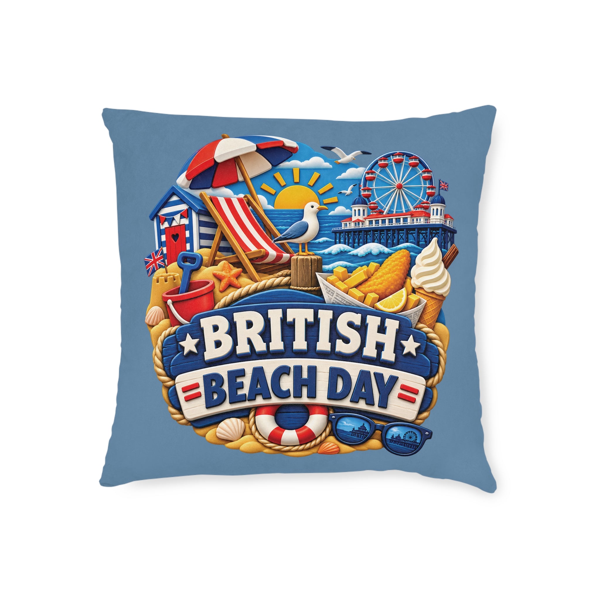 Square Cushion – British Beach Day | Seaside & Coastal Cushion