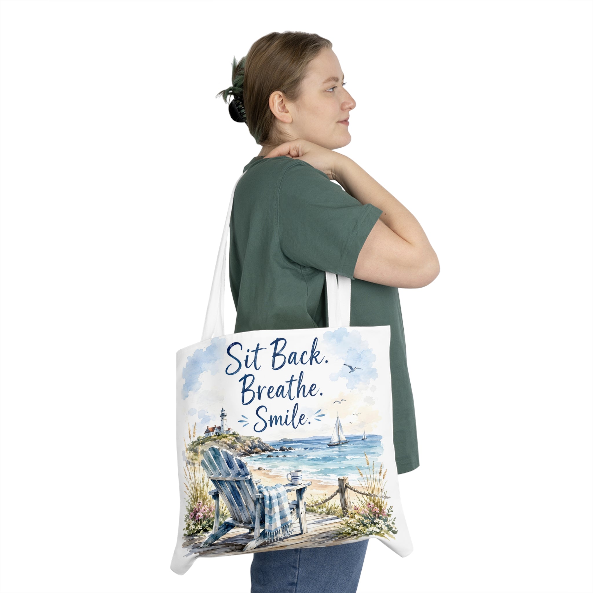 Large Beach Tote Bag – Sit Back. Breathe. Smile.