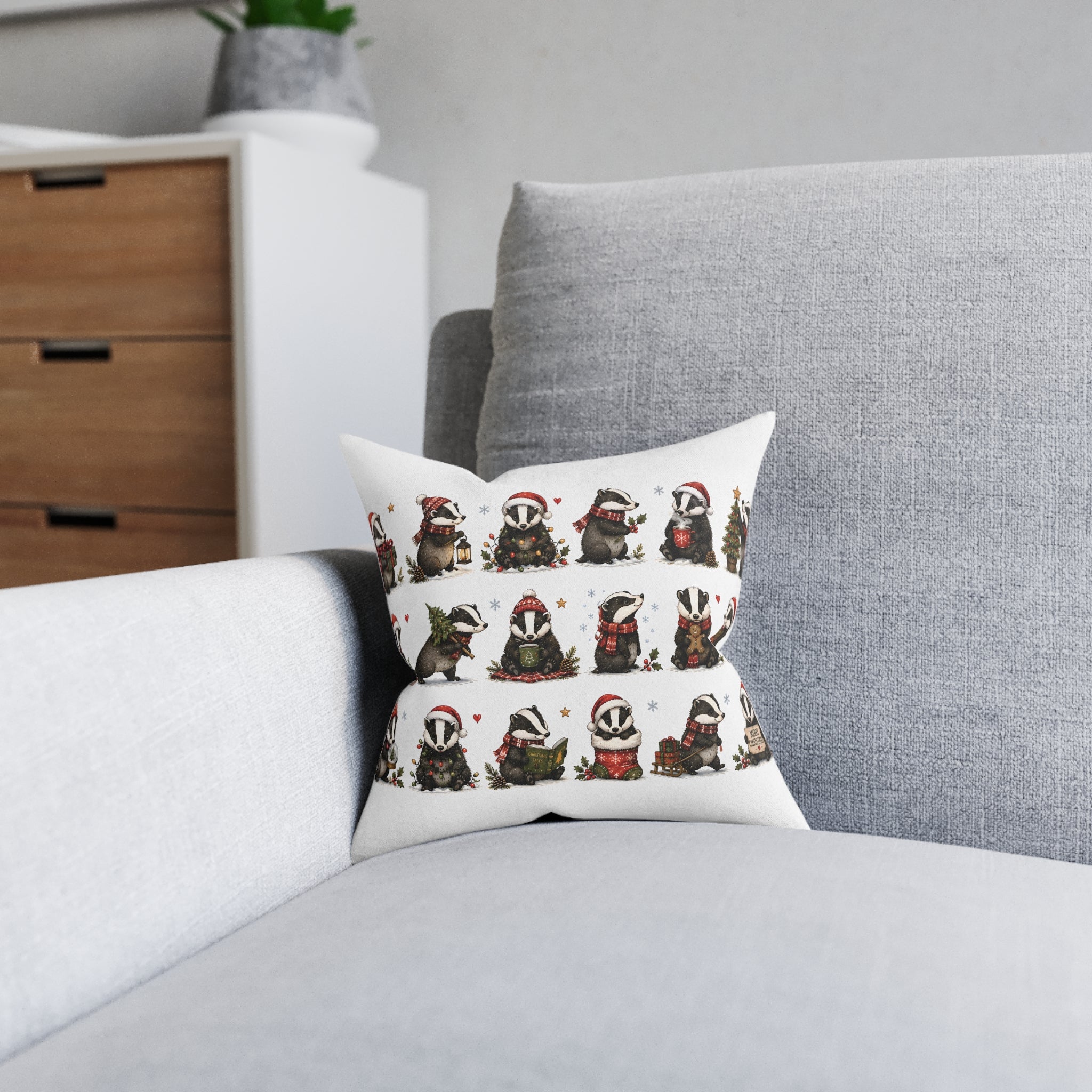 Square Cushion - Christmas Woodland Badger