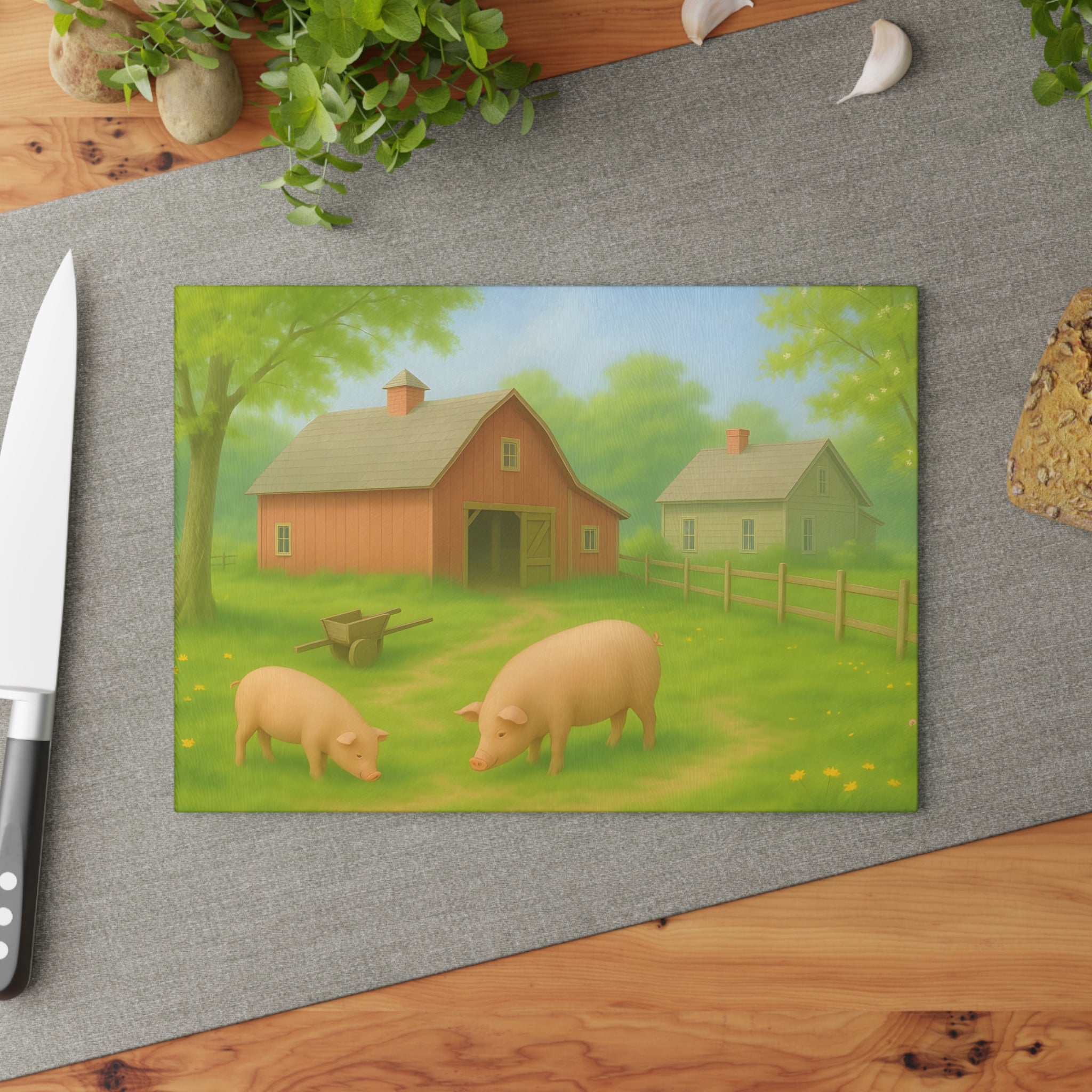 Glass Cutting Board - Rustic Farm Design