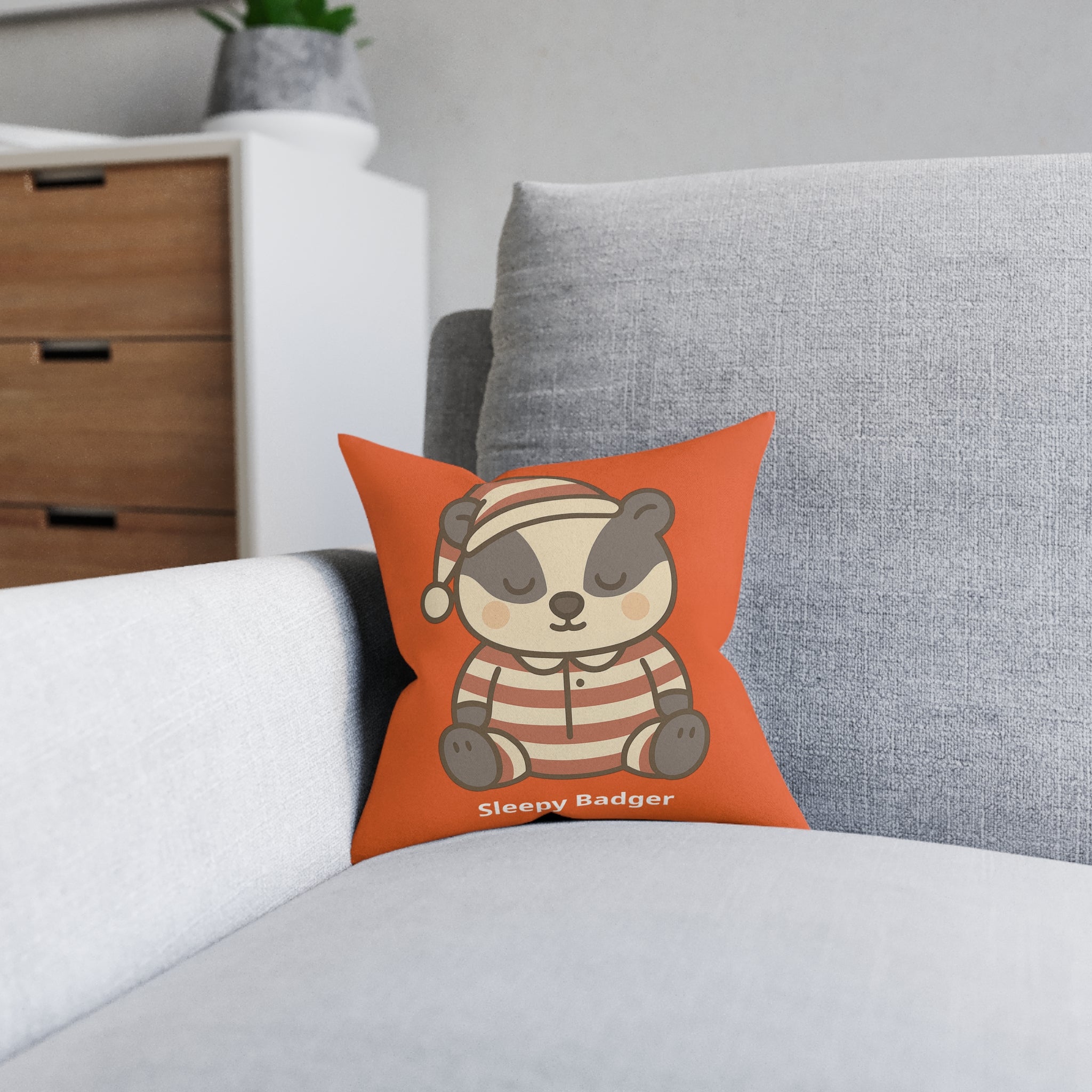 Square Cushion – Sleepy Badger - The Woodland Dreamers
