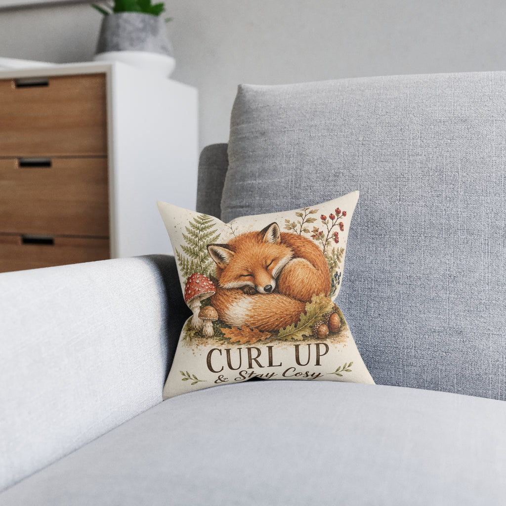 Square Cushion – Curl Up & Stay Cosy Fox | Woodland Animal Cushion