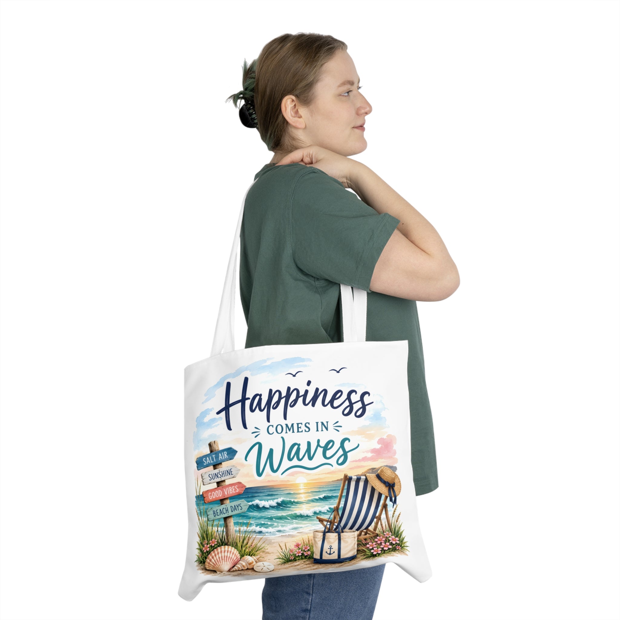 Large Beach Tote Bag – Happiness Comes in Waves