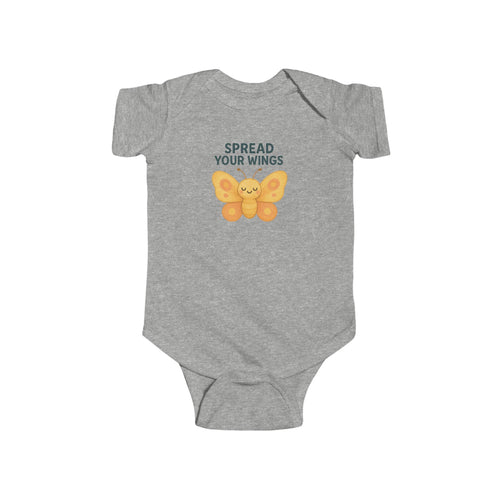 Gray baby onesie with a butterfly graphic with Spread Your Wings text