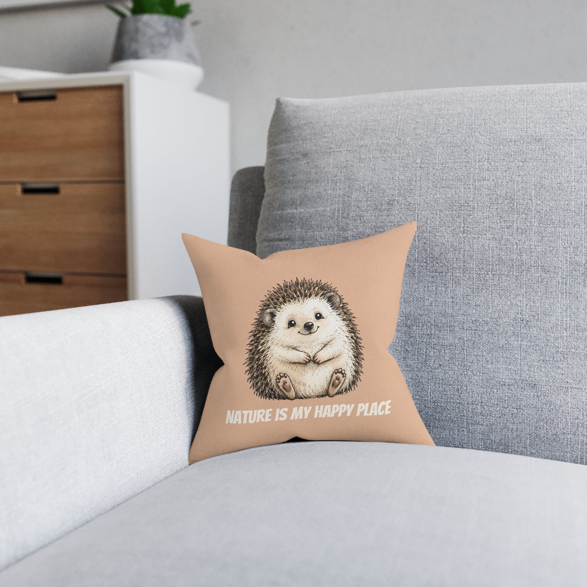 Square Cushion – Nature Is My Happy Place | Hedgehog Cushion