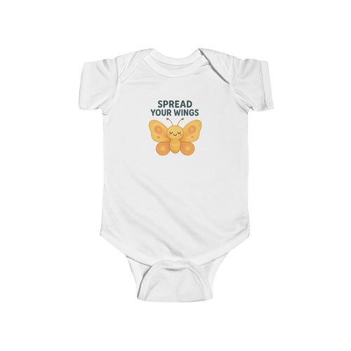 White baby onesie with a butterfly graphic with Spread Your Wings text