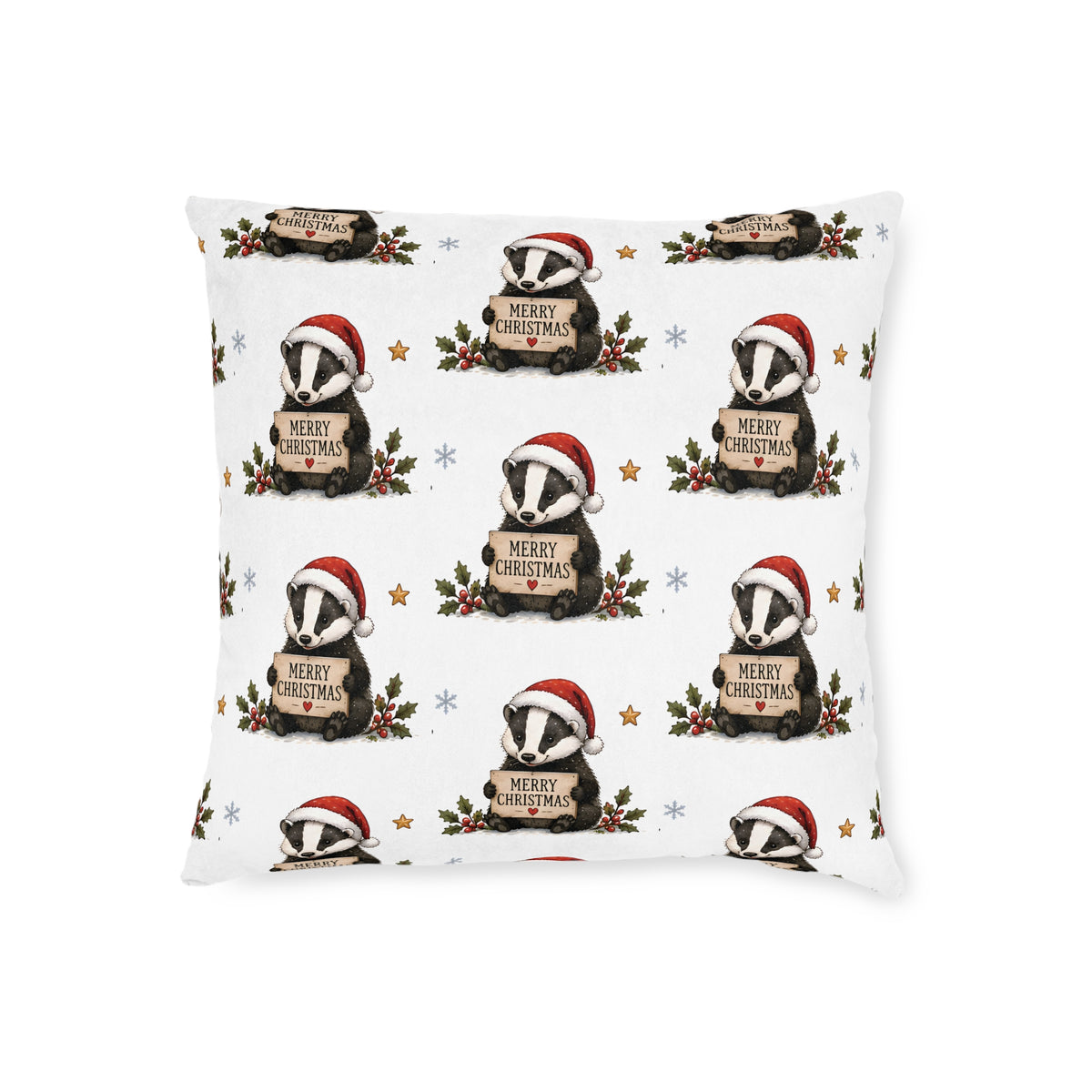 Square Cushion – Christmas Woodland Badger Pattern | Festive Wildlife Cushion