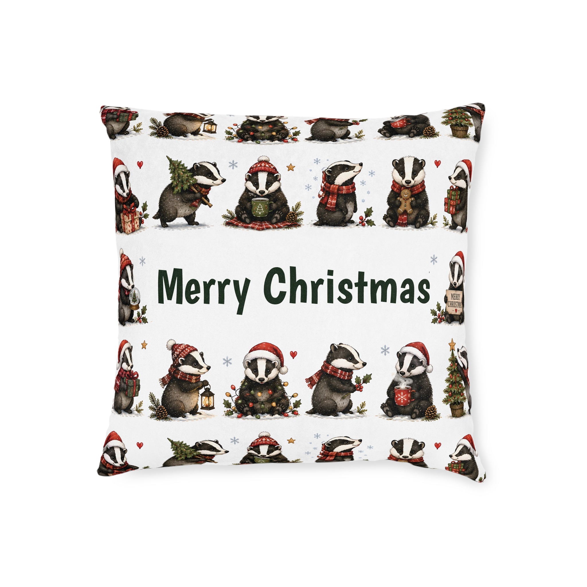 Square Cushion – Christmas Woodland Badger | Festive Wildlife Cushion