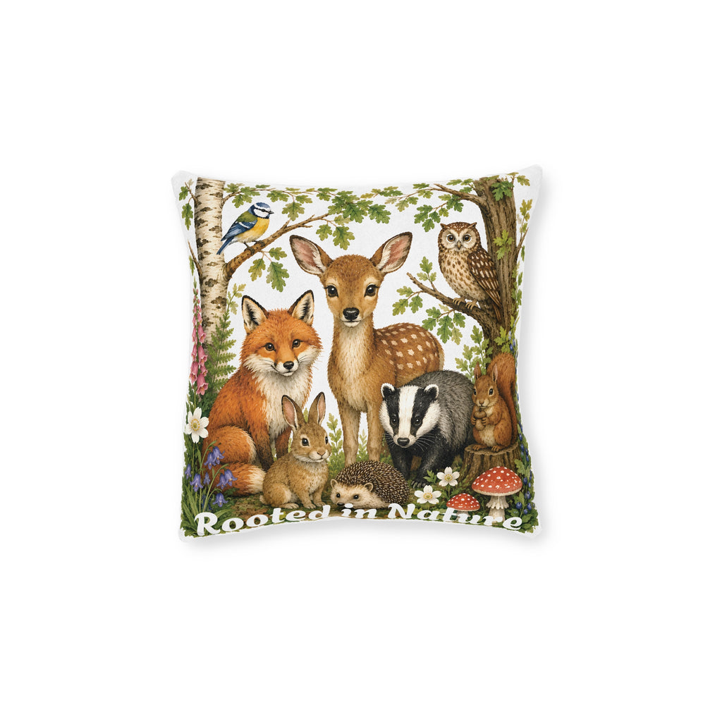 A square decorative throw pillow featuring a detailed woodland illustration with a deer, fox, owl, rabbit, badger, hedgehog, mushrooms, and the text 'Rooted in Nature' on a white background.
