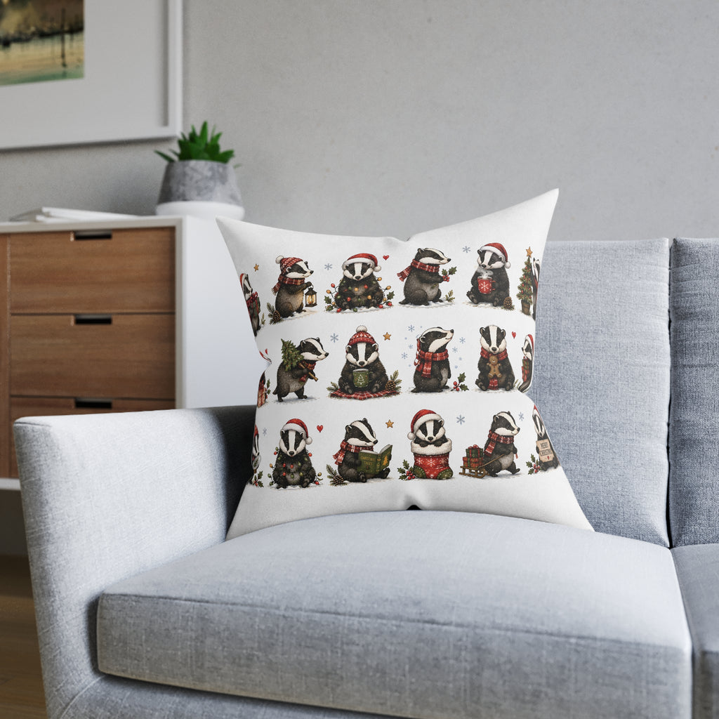 Square Cushion - Christmas Woodland Badger