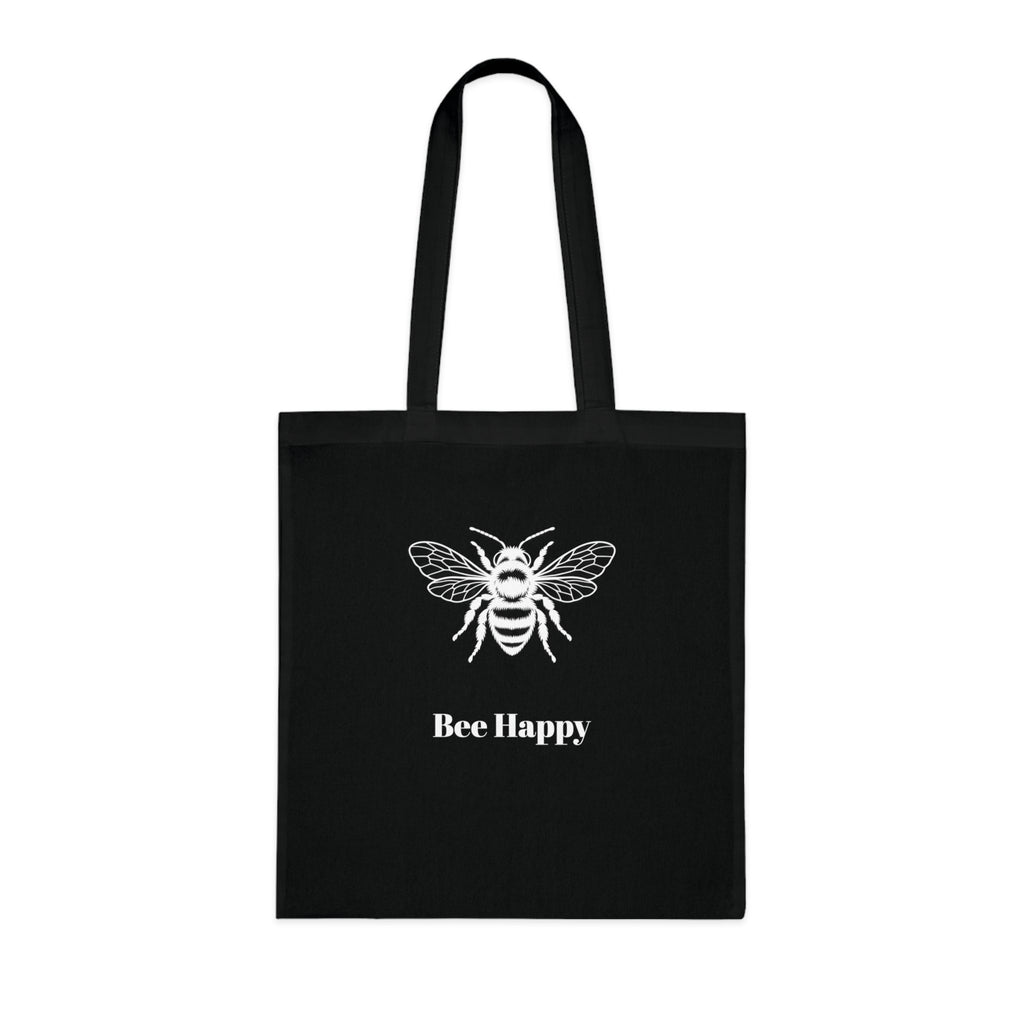 Bee Happy Cotton Tote Bag — Black Reusable Grocery & Everyday Tote with Bee Graphic