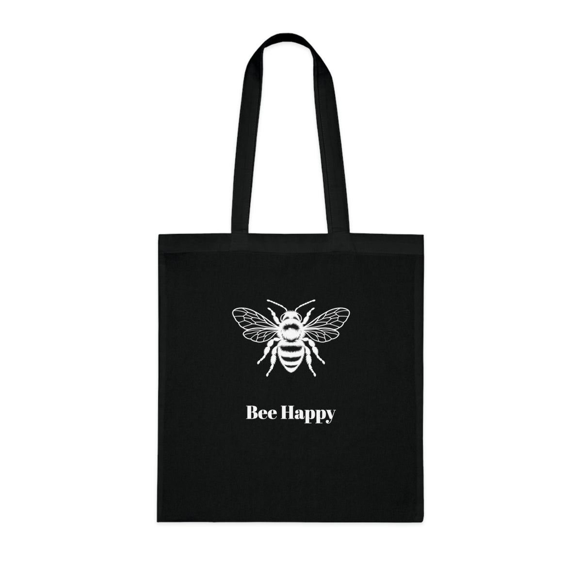 Bee Happy Cotton Tote Bag — Black Reusable Grocery & Everyday Tote with Bee Graphic