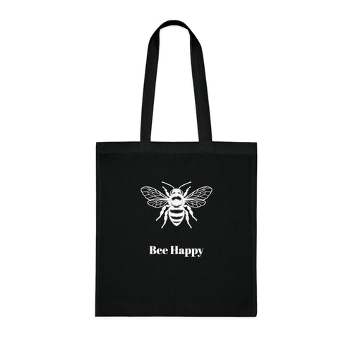 Bee Happy Cotton Tote Bag — Black Reusable Grocery & Everyday Tote with Bee Graphic